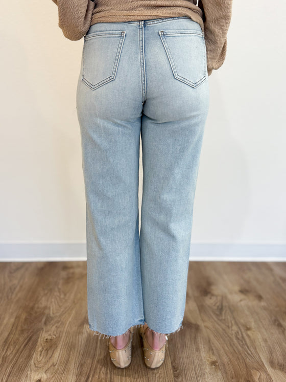 Clementine Distressed High Rise Wide Ankle Jeans