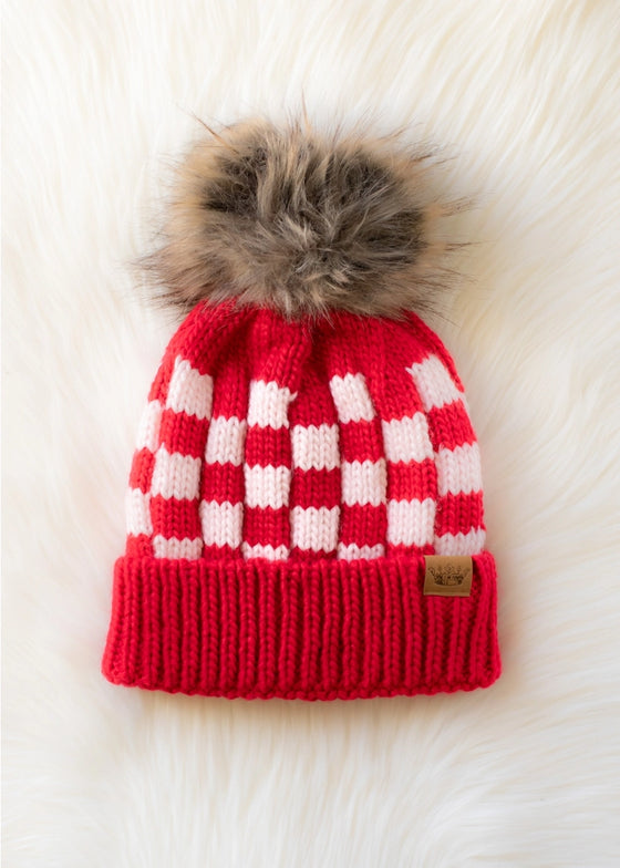 Panache Checkered Pom Beanie in Pink Red