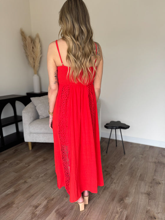 Ezra Crochet Lace and Crepe Maxi Dress in Red
