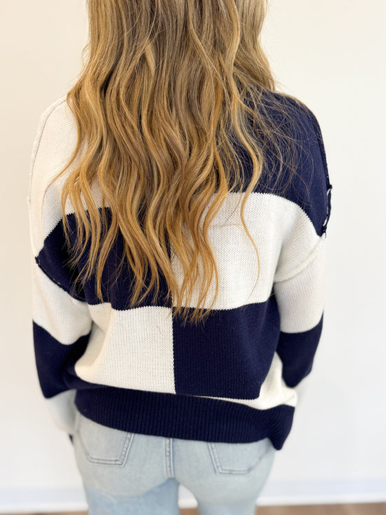 Trina Checkered Mock Neck Sweater in Navy