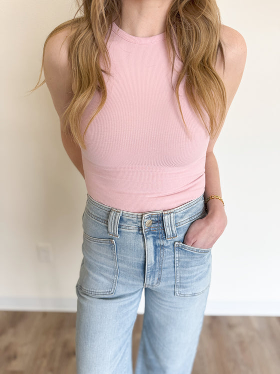 Opal Ribbed Tank Bodysuit in Light Pink