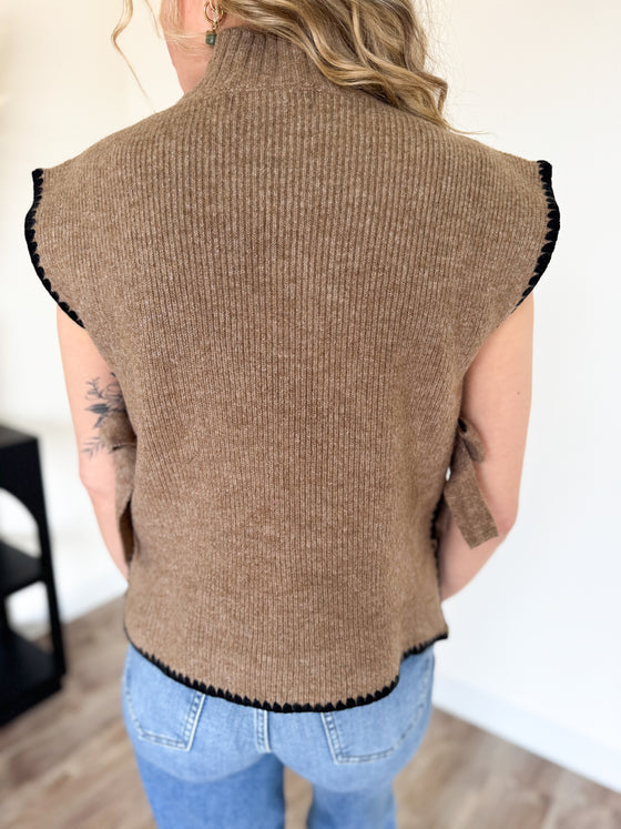 Brittani Mock Neck Contrast Side Tie Sweater