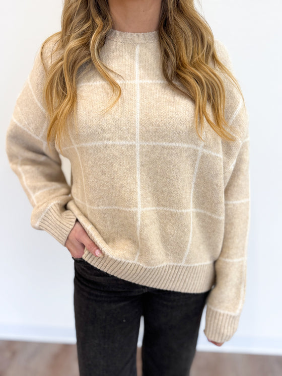 Carlie Checkered Crewneck Sweater in Taupe