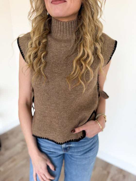 Brittani Mock Neck Contrast Side Tie Sweater
