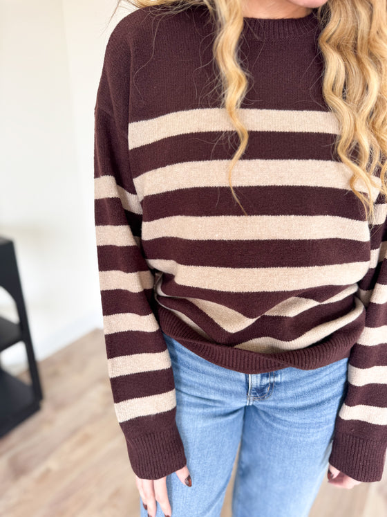 Carlyle Crew Neck Sweater in Brown Stripe