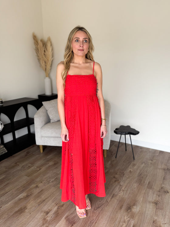 Ezra Crochet Lace and Crepe Maxi Dress in Red