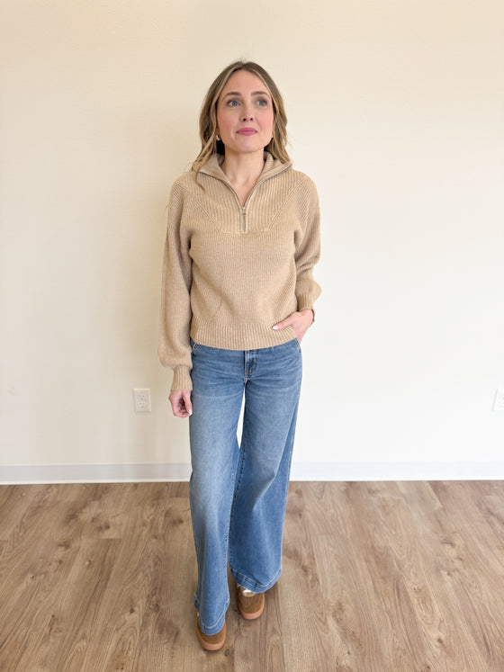 Micah Mock Neck Half Zip Pullover in Khaki