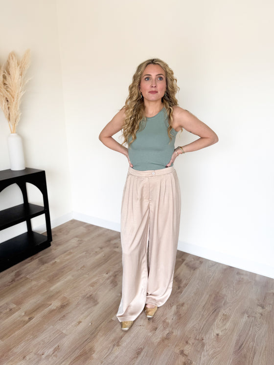 Isolde Wide Leg Pleated Pants in Almond