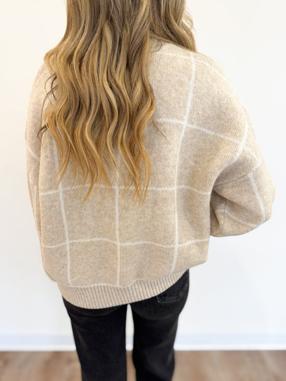 Carlie Checkered Crewneck Sweater in Taupe
