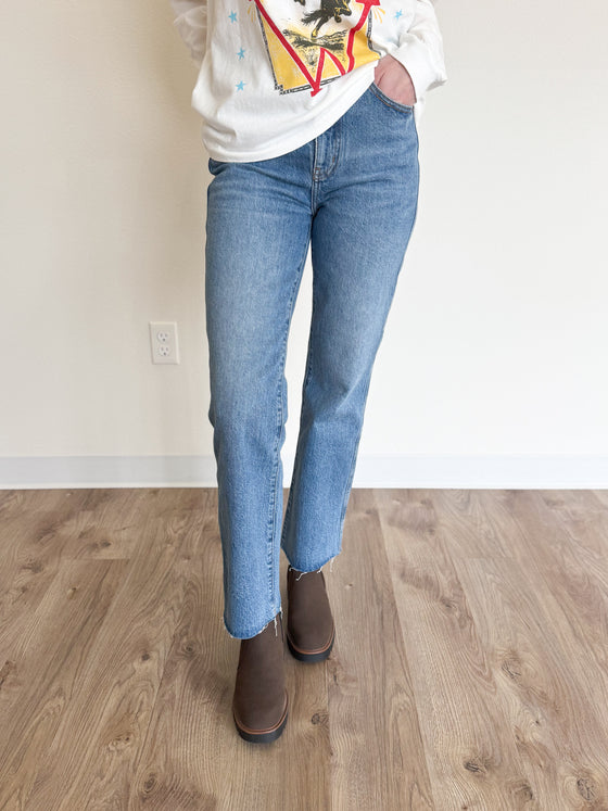 Kea Dark Raw Hem Crop Bell Jeans