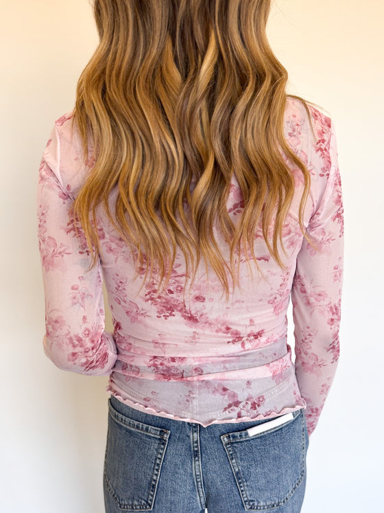 Ophelia Mesh LS Top in Pink Floral