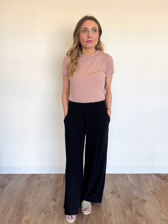 Maxwell Linen Smocked Waist Pants in Black