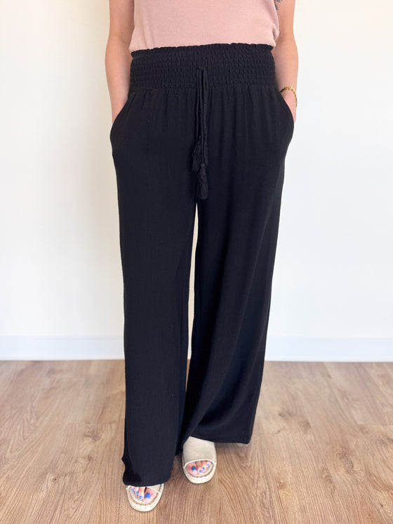 Maxwell Linen Smocked Waist Pants in Black