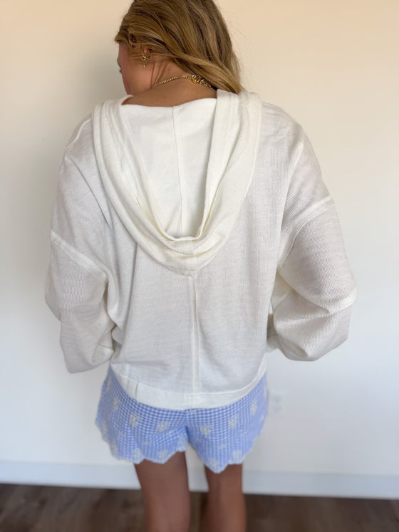 Olive Hooded Split Neck Top in Off White