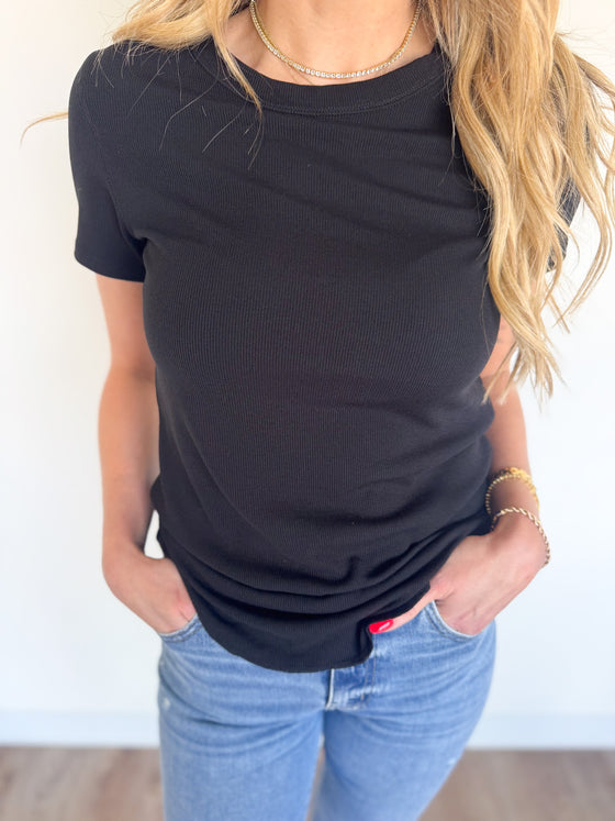 Bardot Ribbed Knit Tee in Black