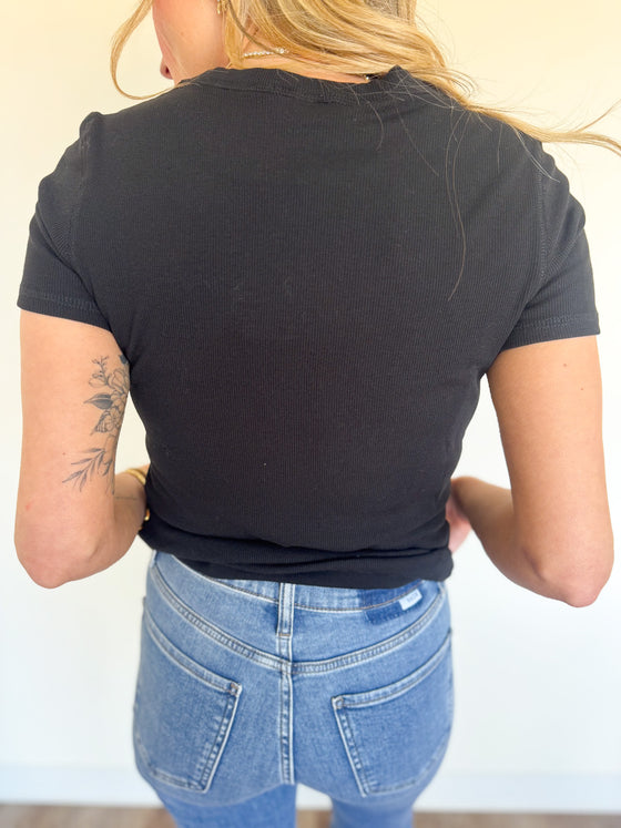 Bardot Ribbed Knit Tee in Black