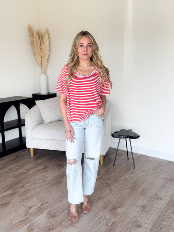 Thea Washed Stripe Knit Top in Red