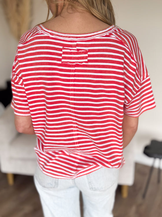 Thea Washed Stripe Knit Top in Red