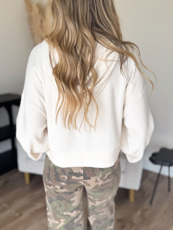 Diana Cropped Ribbed Hoodie in Whip Cream