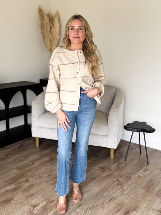 Rue Button Front Striped Cardigan in Taupe