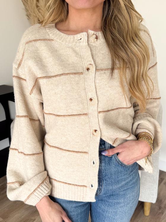 Rue Button Front Striped Cardigan in Taupe