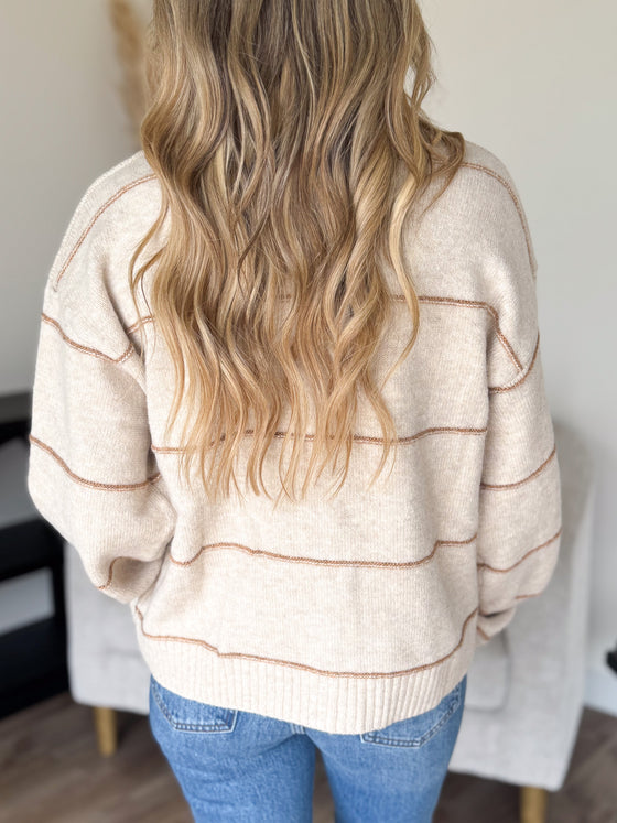 Rue Button Front Striped Cardigan in Taupe