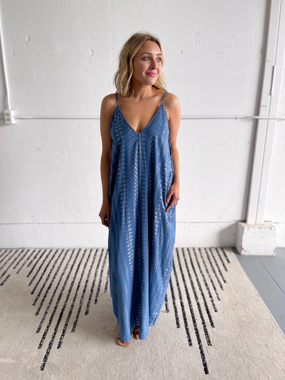 Ari Spaghetti Strap Maxi Dress in Blue Silver