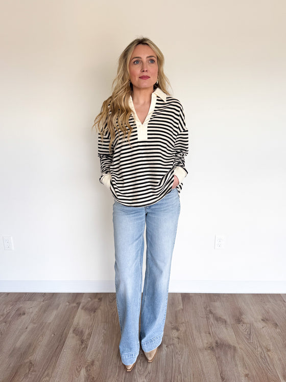 Philippa Oversized Collared Stripe Top in Black