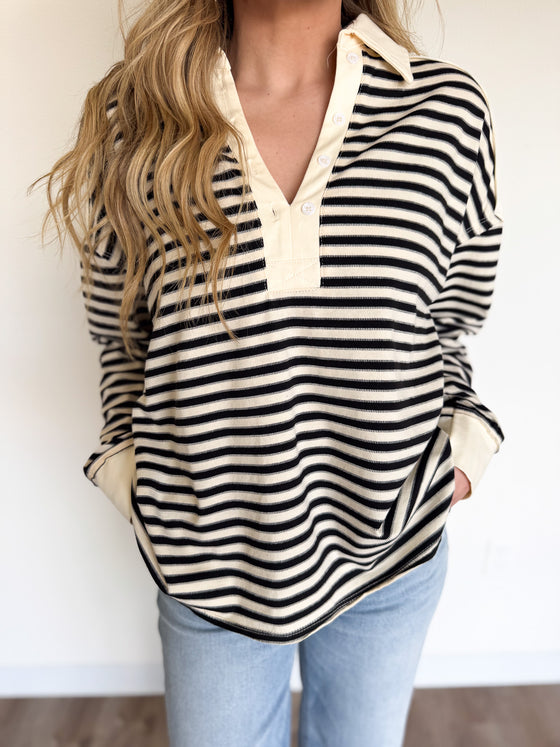 Philippa Oversized Collared Stripe Top in Black