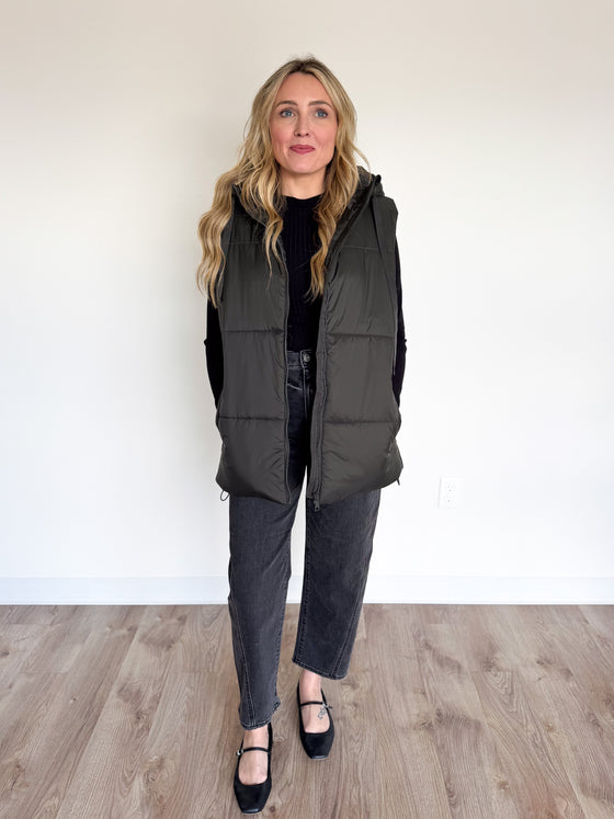 Jessa Long Puffer Vest in Olive