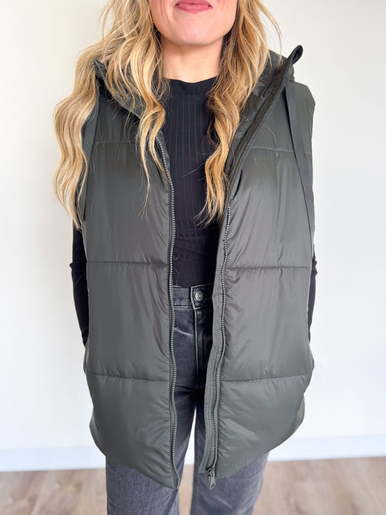 Jessa Long Puffer Vest in Olive