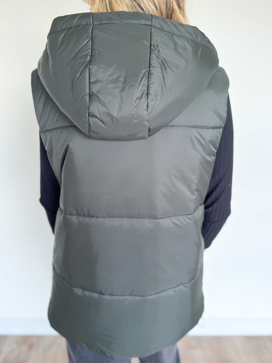 Jessa Long Puffer Vest in Olive