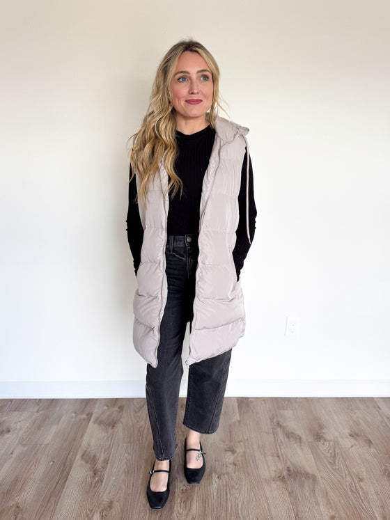 Calista Hooded Long Puffer Vest in Beige