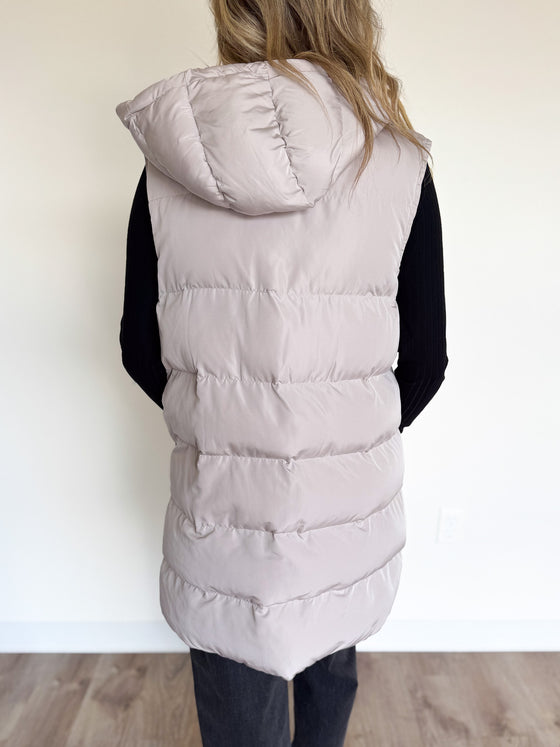 Calista Hooded Long Puffer Vest in Beige