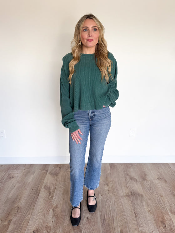 Clio Mineral Washed Waffle LS Top in Deep Green