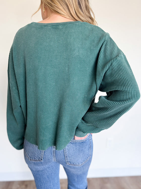 Clio Mineral Washed Waffle LS Top in Deep Green