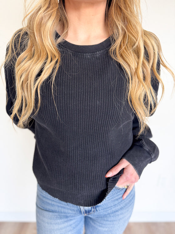 Clio Mineral Washed Waffle LS Top in Black