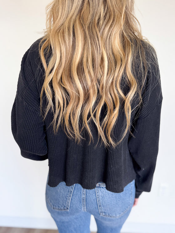 Clio Mineral Washed Waffle LS Top in Black