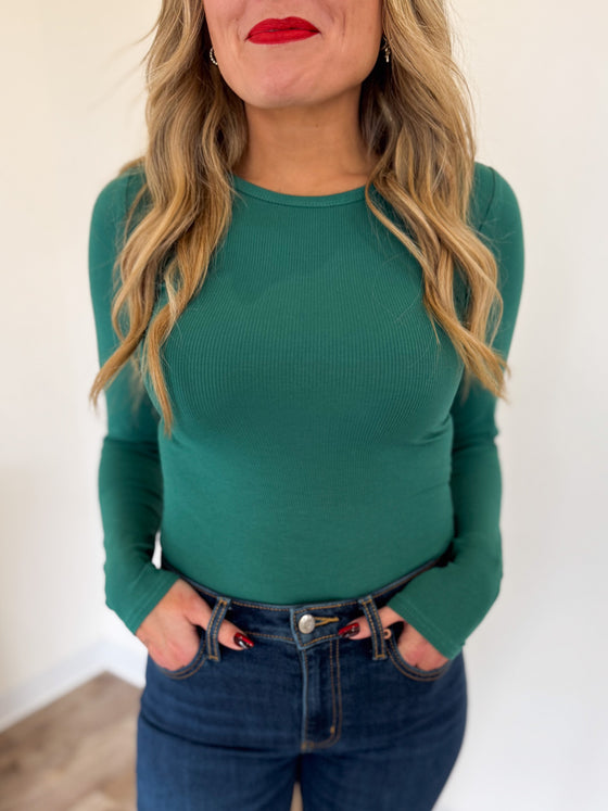 Emory Long Sleeve Ribbed Bodysuit in Green