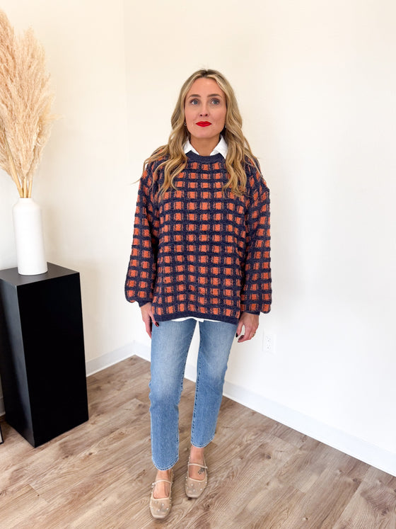 Arista Checkered Sweater in Navy + Rust