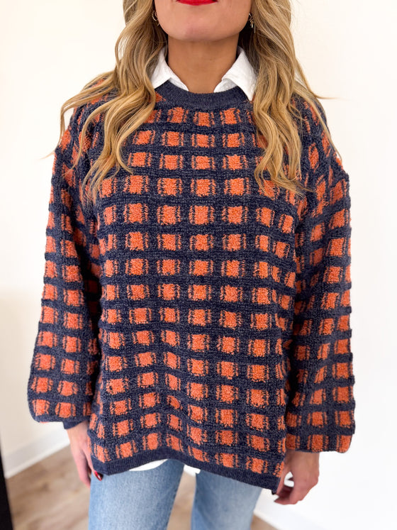 Arista Checkered Sweater in Navy + Rust
