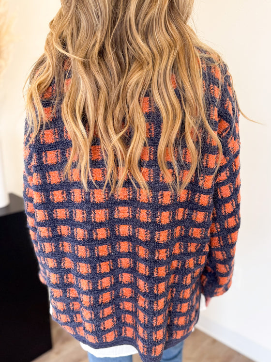 Arista Checkered Sweater in Navy + Rust