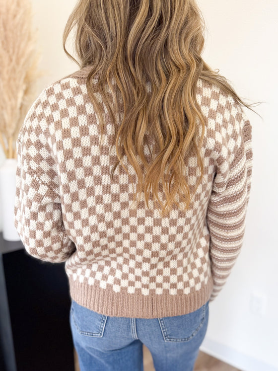 Juliana Checker + Stripe Cardigan in Dark Taupe