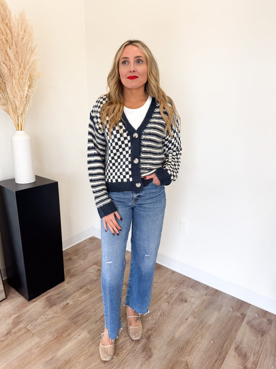 Juliana Checker + Stripe Cardigan in Dusty Navy