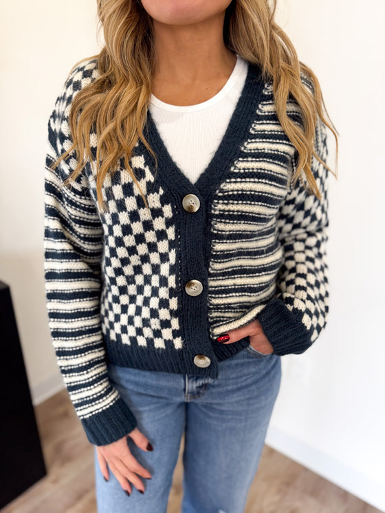 Juliana Checker + Stripe Cardigan in Dusty Navy