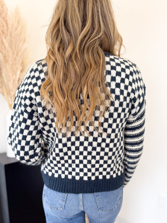 Juliana Checker + Stripe Cardigan in Dusty Navy