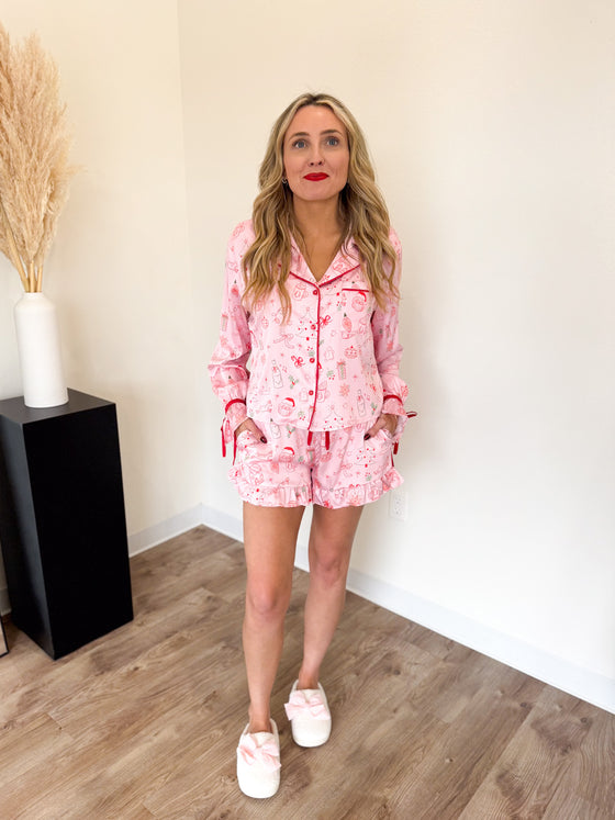Noelle Ruffle Christmas Pajama Set - Pink + Red