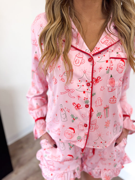 Noelle Ruffle Christmas Pajama Set - Pink + Red