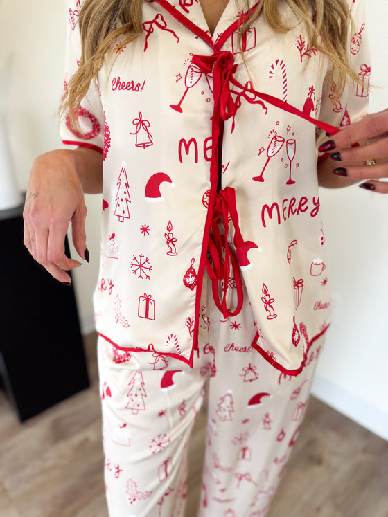 Holly Holiday Pajama Set in Ivory + Red