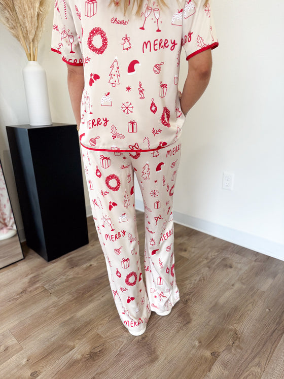 Holly Holiday Pajama Set in Ivory + Red